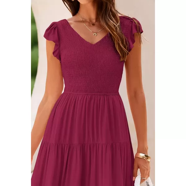 imagePRETTYGARDEN Womens Summer Flowy Maxi Dress Casual Cap Sleeve V Neck Smocked Beach SundressSolid Wine Red