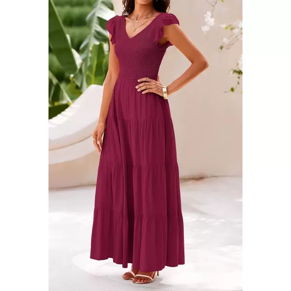 imagePRETTYGARDEN Womens Summer Flowy Maxi Dress Casual Cap Sleeve V Neck Smocked Beach SundressSolid Wine Red