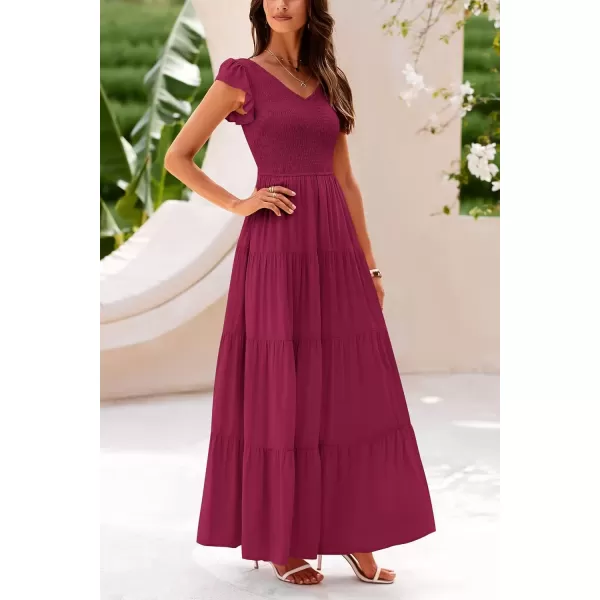 imagePRETTYGARDEN Womens Summer Flowy Maxi Dress Casual Cap Sleeve V Neck Smocked Beach SundressSolid Wine Red