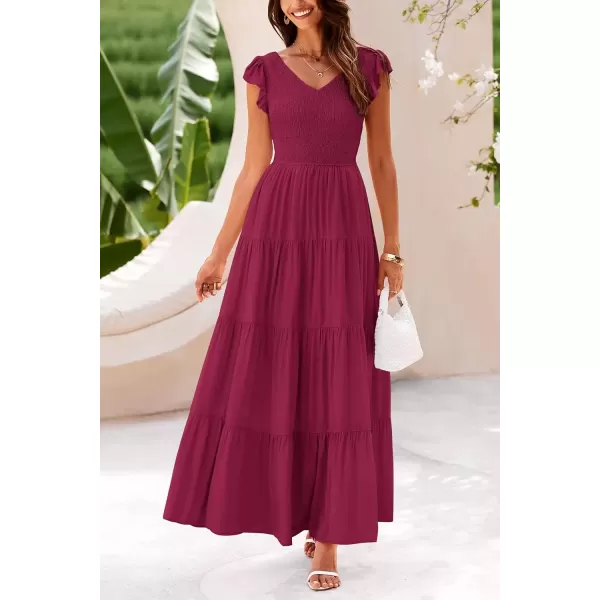 imagePRETTYGARDEN Womens Summer Flowy Maxi Dress Casual Cap Sleeve V Neck Smocked Beach SundressSolid Wine Red