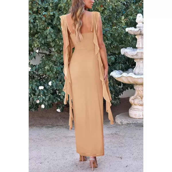 imagePRETTYGARDEN Womens Summer Long Formal Wedding Guest Dress Sleeveless Ruffle Cocktail Party Maxi Bodycon DressesApricot