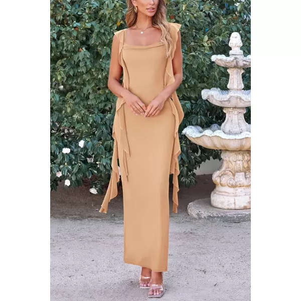 imagePRETTYGARDEN Womens Summer Long Formal Wedding Guest Dress Sleeveless Ruffle Cocktail Party Maxi Bodycon DressesApricot