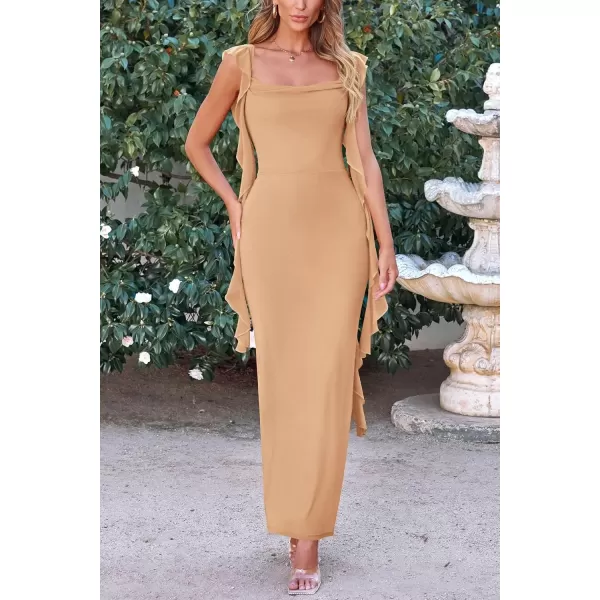 imagePRETTYGARDEN Womens Summer Long Formal Wedding Guest Dress Sleeveless Ruffle Cocktail Party Maxi Bodycon DressesApricot