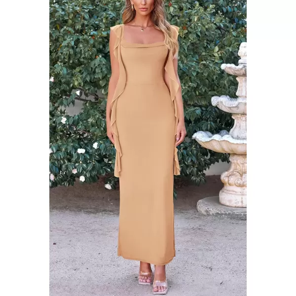 imagePRETTYGARDEN Womens Summer Long Formal Wedding Guest Dress Sleeveless Ruffle Cocktail Party Maxi Bodycon DressesApricot
