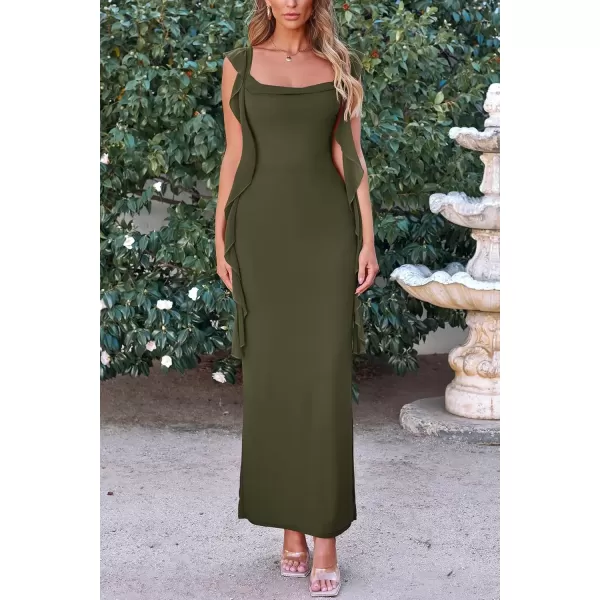 imagePRETTYGARDEN Womens Summer Long Formal Wedding Guest Dress Sleeveless Ruffle Cocktail Party Maxi Bodycon DressesArmy Green