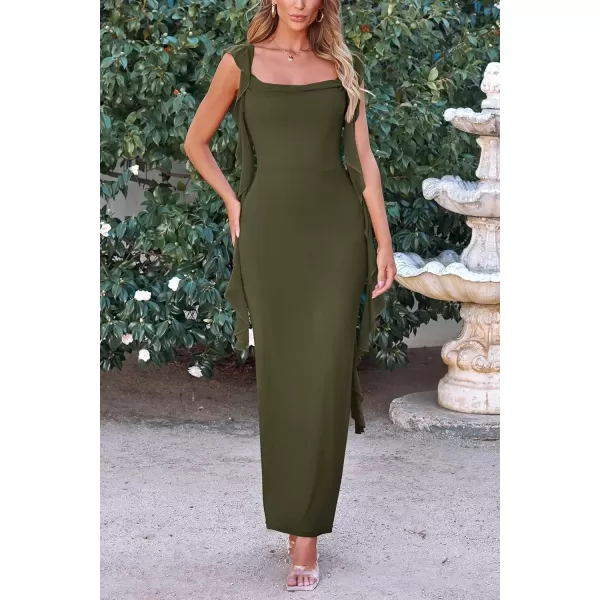 imagePRETTYGARDEN Womens Summer Long Formal Wedding Guest Dress Sleeveless Ruffle Cocktail Party Maxi Bodycon DressesArmy Green