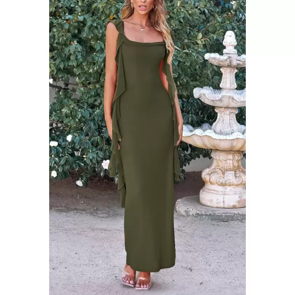imagePRETTYGARDEN Womens Summer Long Formal Wedding Guest Dress Sleeveless Ruffle Cocktail Party Maxi Bodycon DressesArmy Green
