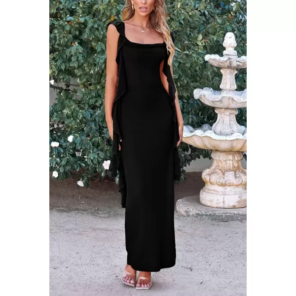 imagePRETTYGARDEN Womens Summer Long Formal Wedding Guest Dress Sleeveless Ruffle Cocktail Party Maxi Bodycon DressesBlack