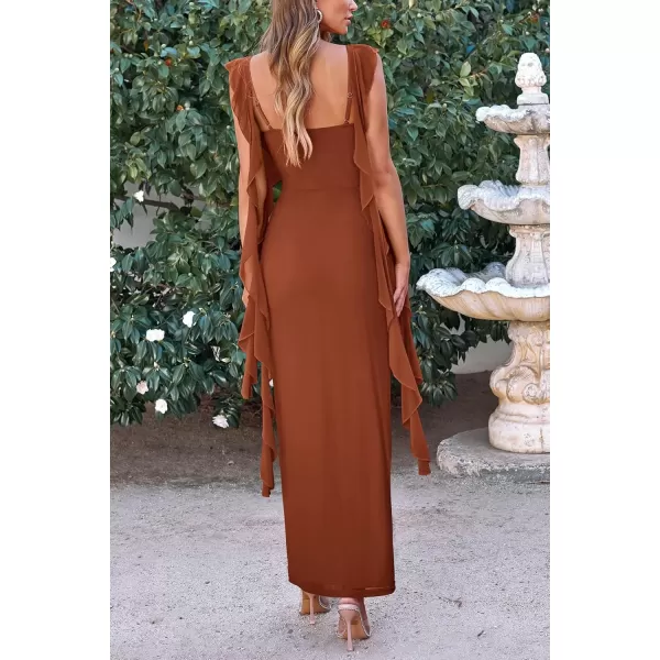 imagePRETTYGARDEN Womens Summer Long Formal Wedding Guest Dress Sleeveless Ruffle Cocktail Party Maxi Bodycon DressesCaramel