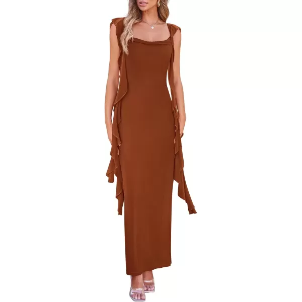 imagePRETTYGARDEN Womens Summer Long Formal Wedding Guest Dress Sleeveless Ruffle Cocktail Party Maxi Bodycon DressesCaramel