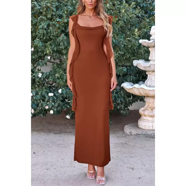 imagePRETTYGARDEN Womens Summer Long Formal Wedding Guest Dress Sleeveless Ruffle Cocktail Party Maxi Bodycon DressesCaramel