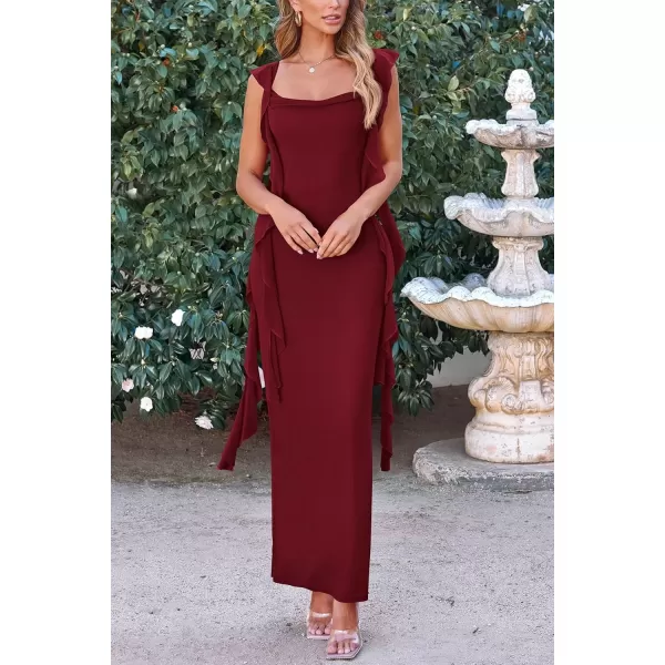imagePRETTYGARDEN Womens Summer Long Formal Wedding Guest Dress Sleeveless Ruffle Cocktail Party Maxi Bodycon DressesDark Wine Red