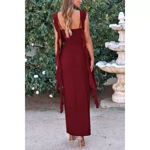 imagePRETTYGARDEN Womens Summer Long Formal Wedding Guest Dress Sleeveless Ruffle Cocktail Party Maxi Bodycon DressesDark Wine Red
