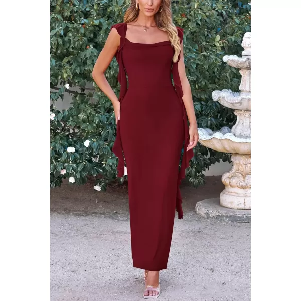 imagePRETTYGARDEN Womens Summer Long Formal Wedding Guest Dress Sleeveless Ruffle Cocktail Party Maxi Bodycon DressesDark Wine Red