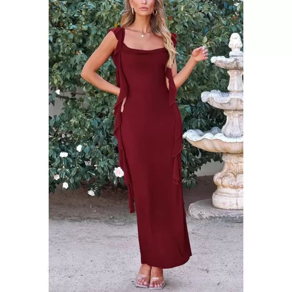 imagePRETTYGARDEN Womens Summer Long Formal Wedding Guest Dress Sleeveless Ruffle Cocktail Party Maxi Bodycon DressesDark Wine Red