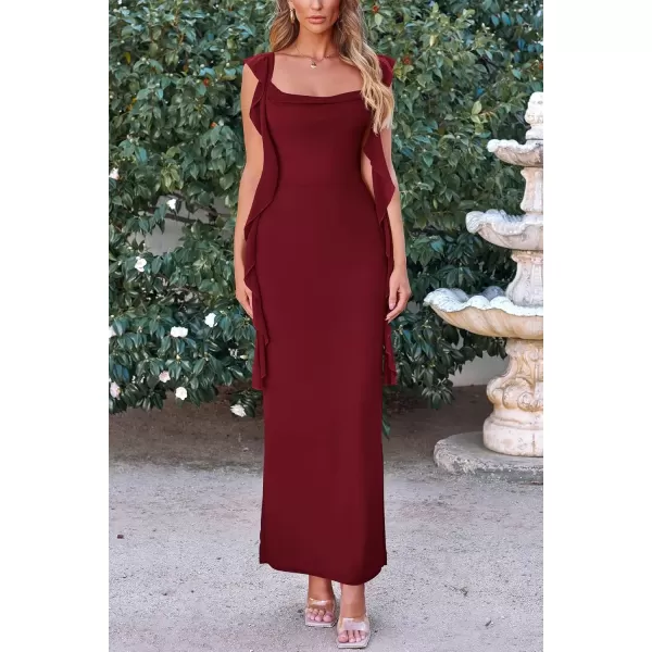 imagePRETTYGARDEN Womens Summer Long Formal Wedding Guest Dress Sleeveless Ruffle Cocktail Party Maxi Bodycon DressesDark Wine Red