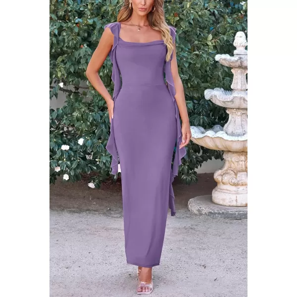 imagePRETTYGARDEN Womens Summer Long Formal Wedding Guest Dress Sleeveless Ruffle Cocktail Party Maxi Bodycon DressesDusty Violet