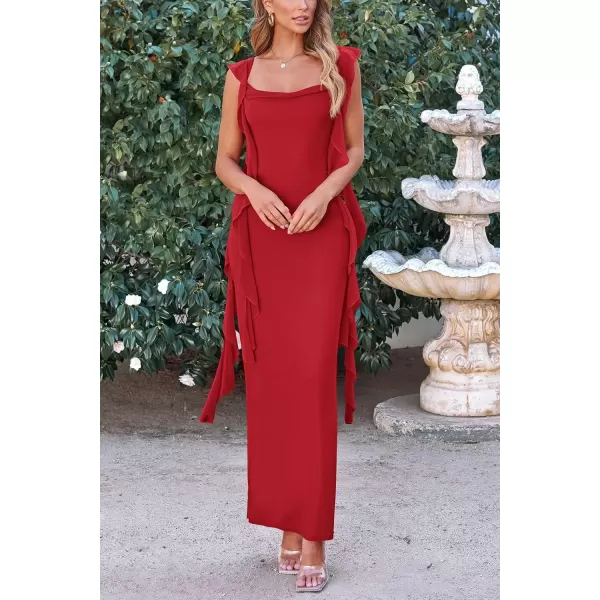 imagePRETTYGARDEN Womens Summer Long Formal Wedding Guest Dress Sleeveless Ruffle Cocktail Party Maxi Bodycon DressesRed