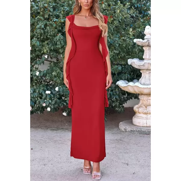 imagePRETTYGARDEN Womens Summer Long Formal Wedding Guest Dress Sleeveless Ruffle Cocktail Party Maxi Bodycon DressesRed