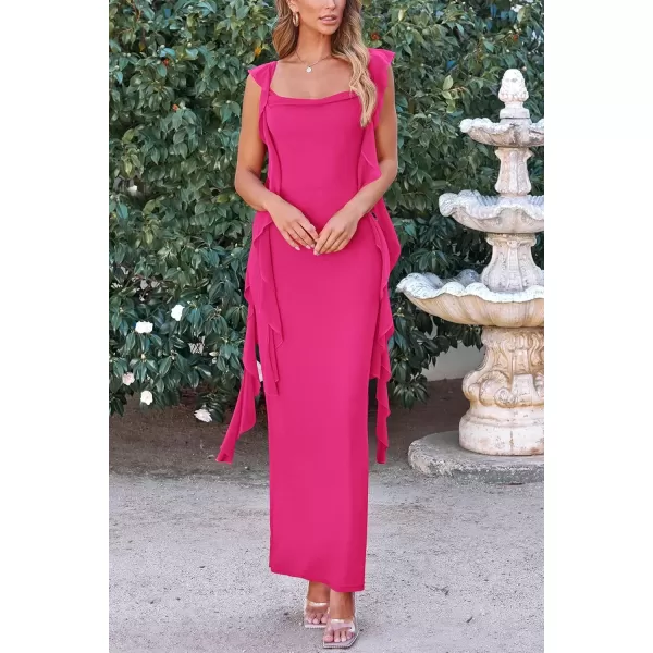 imagePRETTYGARDEN Womens Summer Long Formal Wedding Guest Dress Sleeveless Ruffle Cocktail Party Maxi Bodycon DressesRose Red