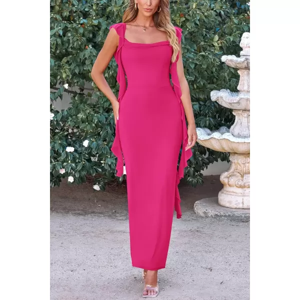 imagePRETTYGARDEN Womens Summer Long Formal Wedding Guest Dress Sleeveless Ruffle Cocktail Party Maxi Bodycon DressesRose Red