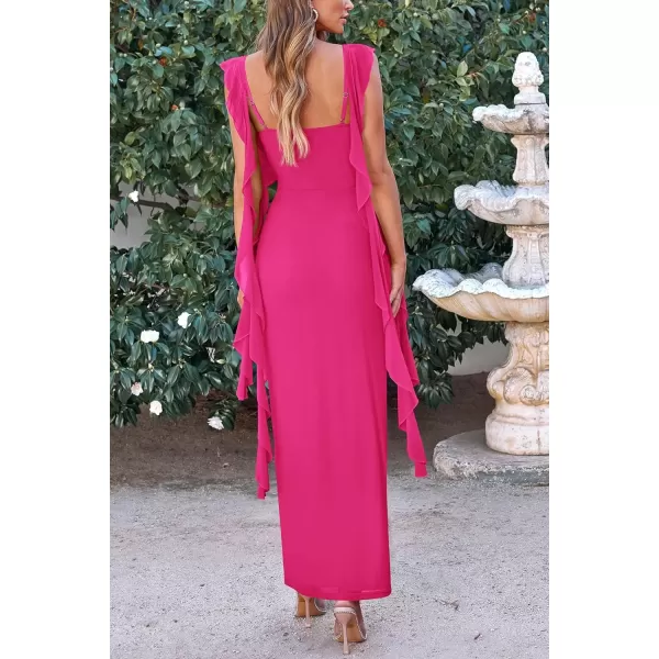imagePRETTYGARDEN Womens Summer Long Formal Wedding Guest Dress Sleeveless Ruffle Cocktail Party Maxi Bodycon DressesRose Red