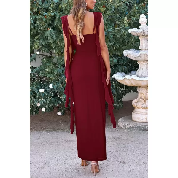 imagePRETTYGARDEN Womens Summer Long Formal Wedding Guest Dress Sleeveless Ruffle Cocktail Party Maxi Bodycon DressesWine Red