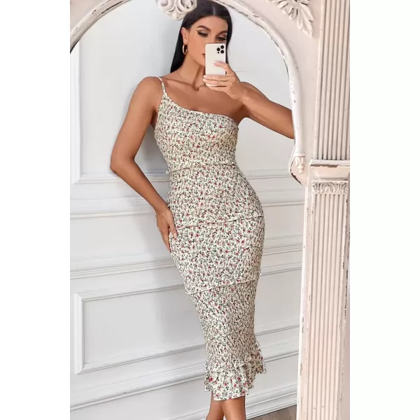 imagePRETTYGARDEN Womens Summer Midi Bodycon Dresses One Shoulder Strappy Tiered Ruffle Floral Boho Sun DressBeige Floral