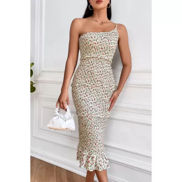 imagePRETTYGARDEN Womens Summer Midi Bodycon Dresses One Shoulder Strappy Tiered Ruffle Floral Boho Sun DressBeige Floral