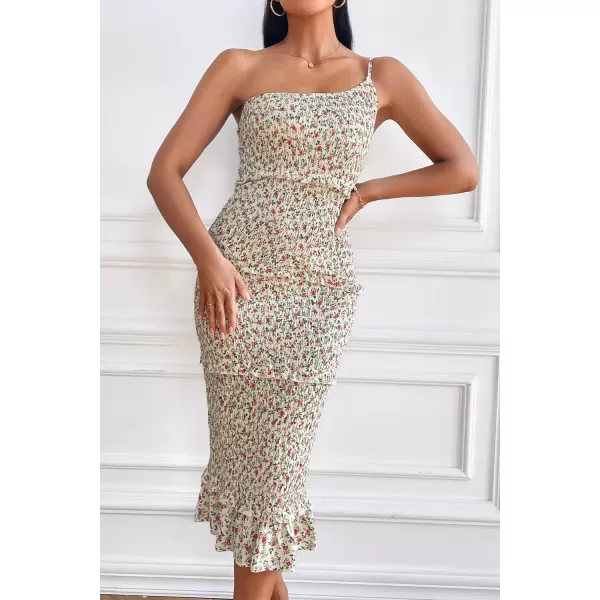 imagePRETTYGARDEN Womens Summer Midi Bodycon Dresses One Shoulder Strappy Tiered Ruffle Floral Boho Sun DressBeige Floral