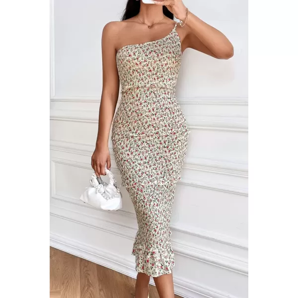 imagePRETTYGARDEN Womens Summer Midi Bodycon Dresses One Shoulder Strappy Tiered Ruffle Floral Boho Sun DressBeige Floral