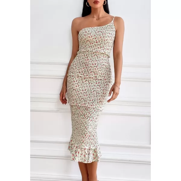 imagePRETTYGARDEN Womens Summer Midi Bodycon Dresses One Shoulder Strappy Tiered Ruffle Floral Boho Sun DressBeige Floral