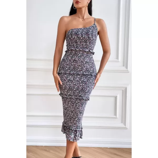 imagePRETTYGARDEN Womens Summer Midi Bodycon Dresses One Shoulder Strappy Tiered Ruffle Floral Boho Sun DressBlack Purple Floral