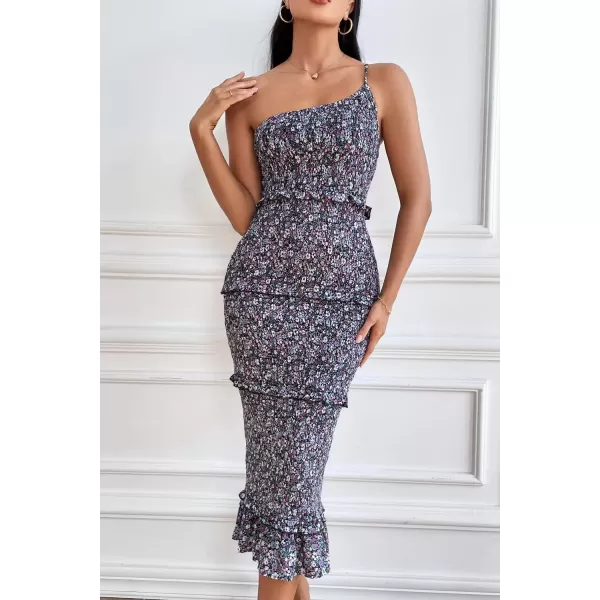 imagePRETTYGARDEN Womens Summer Midi Bodycon Dresses One Shoulder Strappy Tiered Ruffle Floral Boho Sun DressBlack Purple Floral