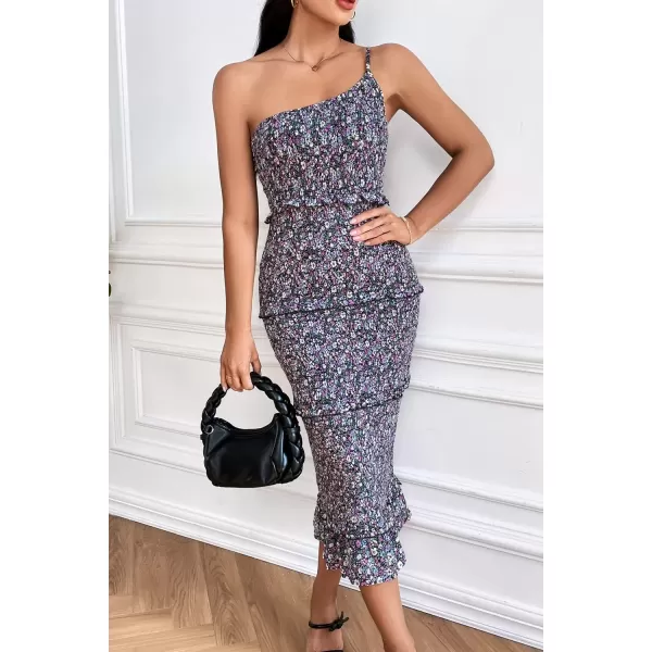 imagePRETTYGARDEN Womens Summer Midi Bodycon Dresses One Shoulder Strappy Tiered Ruffle Floral Boho Sun DressBlack Purple Floral