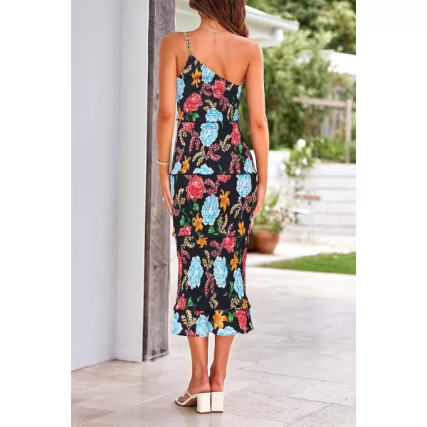 imagePRETTYGARDEN Womens Summer Midi Bodycon Dresses One Shoulder Strappy Tiered Ruffle Floral Boho Sun DressFloral Black Red