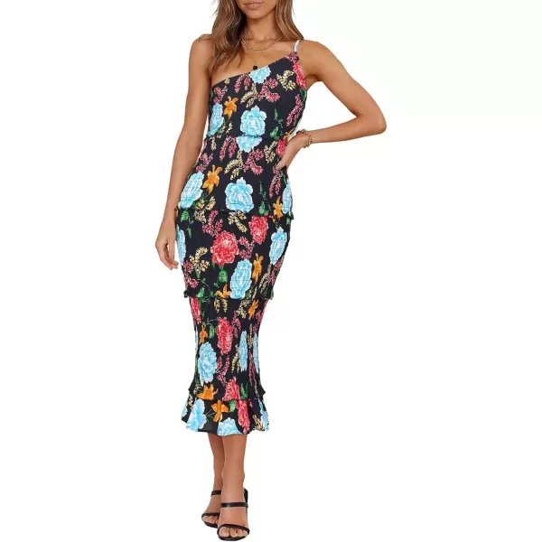 imagePRETTYGARDEN Womens Summer Midi Bodycon Dresses One Shoulder Strappy Tiered Ruffle Floral Boho Sun DressFloral Black Red