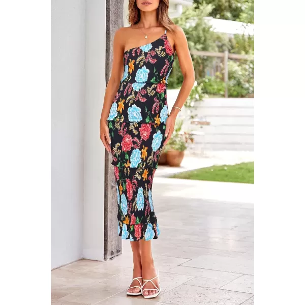 imagePRETTYGARDEN Womens Summer Midi Bodycon Dresses One Shoulder Strappy Tiered Ruffle Floral Boho Sun DressFloral Black Red