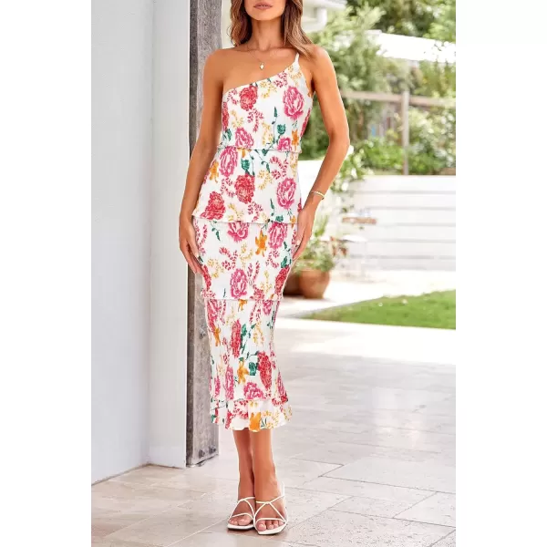 imagePRETTYGARDEN Womens Summer Midi Bodycon Dresses One Shoulder Strappy Tiered Ruffle Floral Boho Sun DressFloral White Red