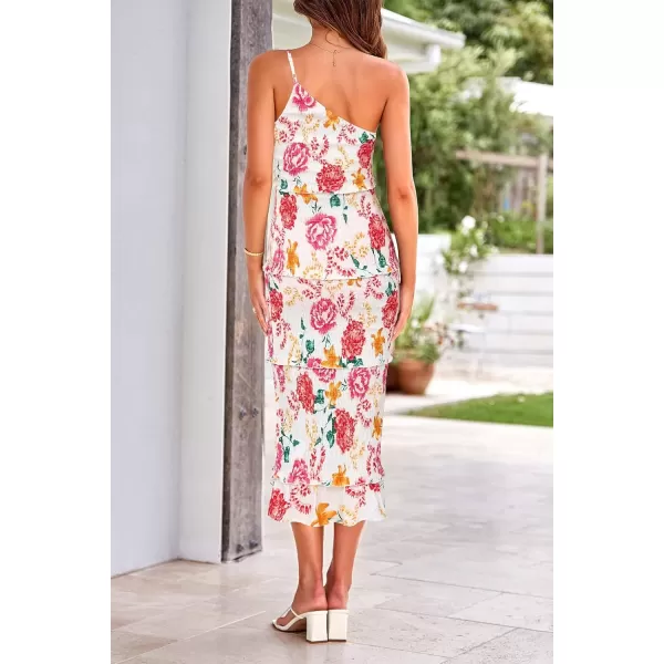 imagePRETTYGARDEN Womens Summer Midi Bodycon Dresses One Shoulder Strappy Tiered Ruffle Floral Boho Sun DressFloral White Red