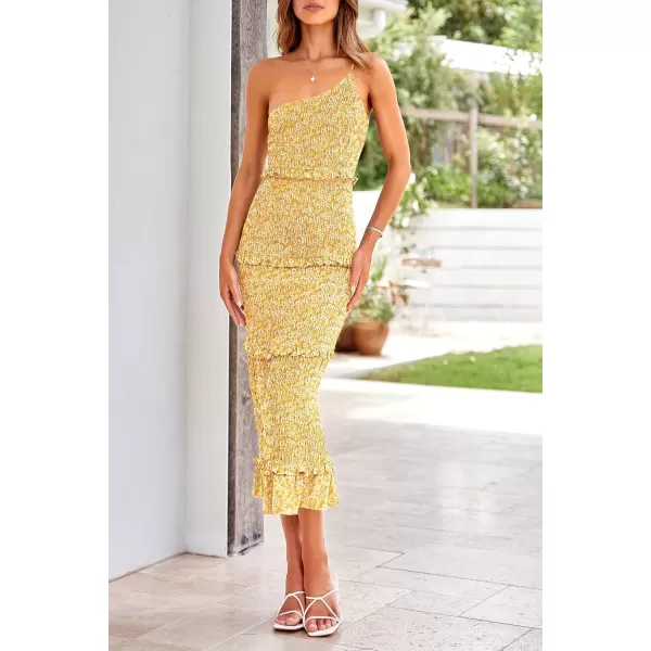 imagePRETTYGARDEN Womens Summer Midi Bodycon Dresses One Shoulder Strappy Tiered Ruffle Floral Boho Sun DressFloral Yellow