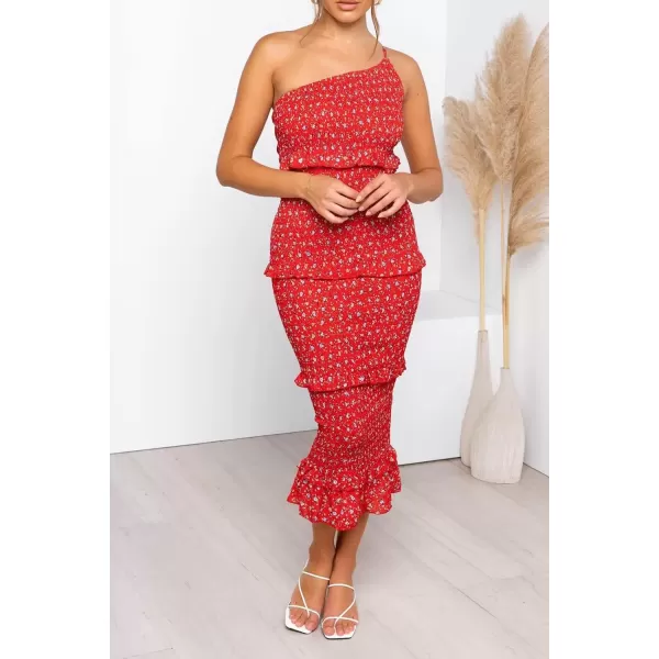 imagePRETTYGARDEN Womens Summer Midi Bodycon Dresses One Shoulder Strappy Tiered Ruffle Floral Boho Sun DressRed Floral