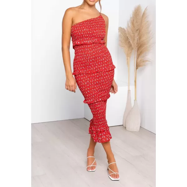 imagePRETTYGARDEN Womens Summer Midi Bodycon Dresses One Shoulder Strappy Tiered Ruffle Floral Boho Sun DressRed Floral