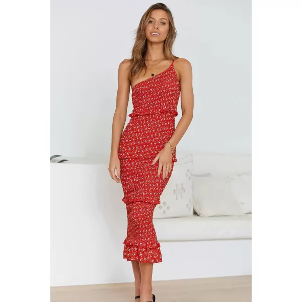 imagePRETTYGARDEN Womens Summer Midi Bodycon Dresses One Shoulder Strappy Tiered Ruffle Floral Boho Sun DressRed Floral