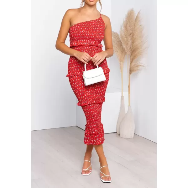imagePRETTYGARDEN Womens Summer Midi Bodycon Dresses One Shoulder Strappy Tiered Ruffle Floral Boho Sun DressRed Floral