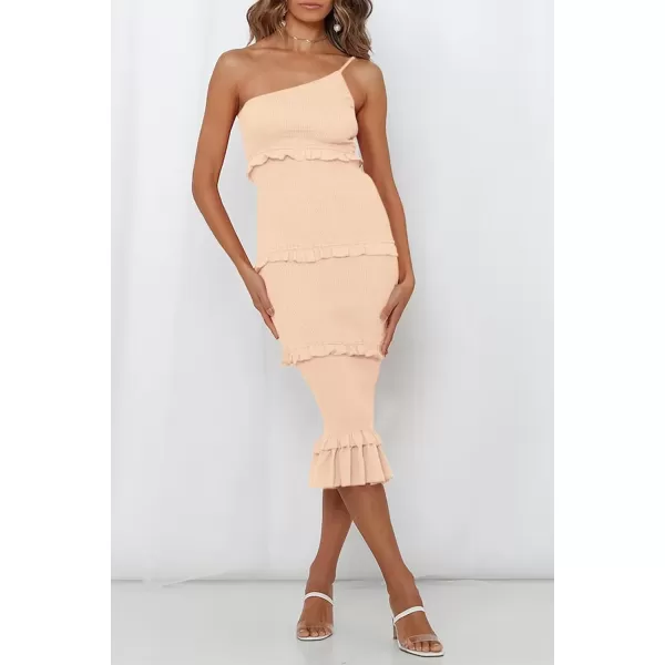 imagePRETTYGARDEN Womens Summer Midi Bodycon Dresses One Shoulder Strappy Tiered Ruffle Floral Boho Sun DressSolid Apricot