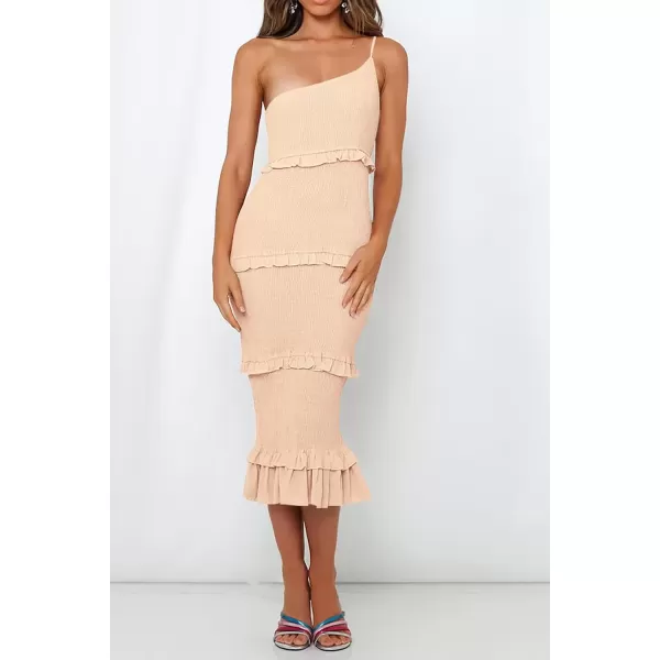 imagePRETTYGARDEN Womens Summer Midi Bodycon Dresses One Shoulder Strappy Tiered Ruffle Floral Boho Sun DressSolid Apricot