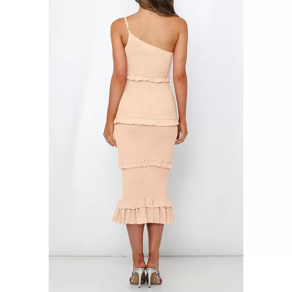 imagePRETTYGARDEN Womens Summer Midi Bodycon Dresses One Shoulder Strappy Tiered Ruffle Floral Boho Sun DressSolid Apricot