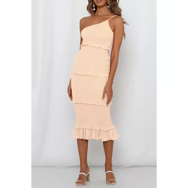 imagePRETTYGARDEN Womens Summer Midi Bodycon Dresses One Shoulder Strappy Tiered Ruffle Floral Boho Sun DressSolid Apricot