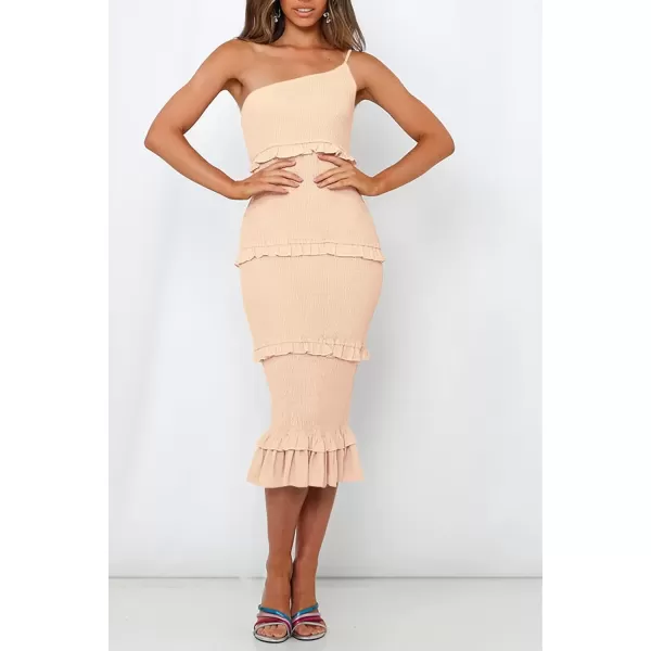 imagePRETTYGARDEN Womens Summer Midi Bodycon Dresses One Shoulder Strappy Tiered Ruffle Floral Boho Sun DressSolid Apricot